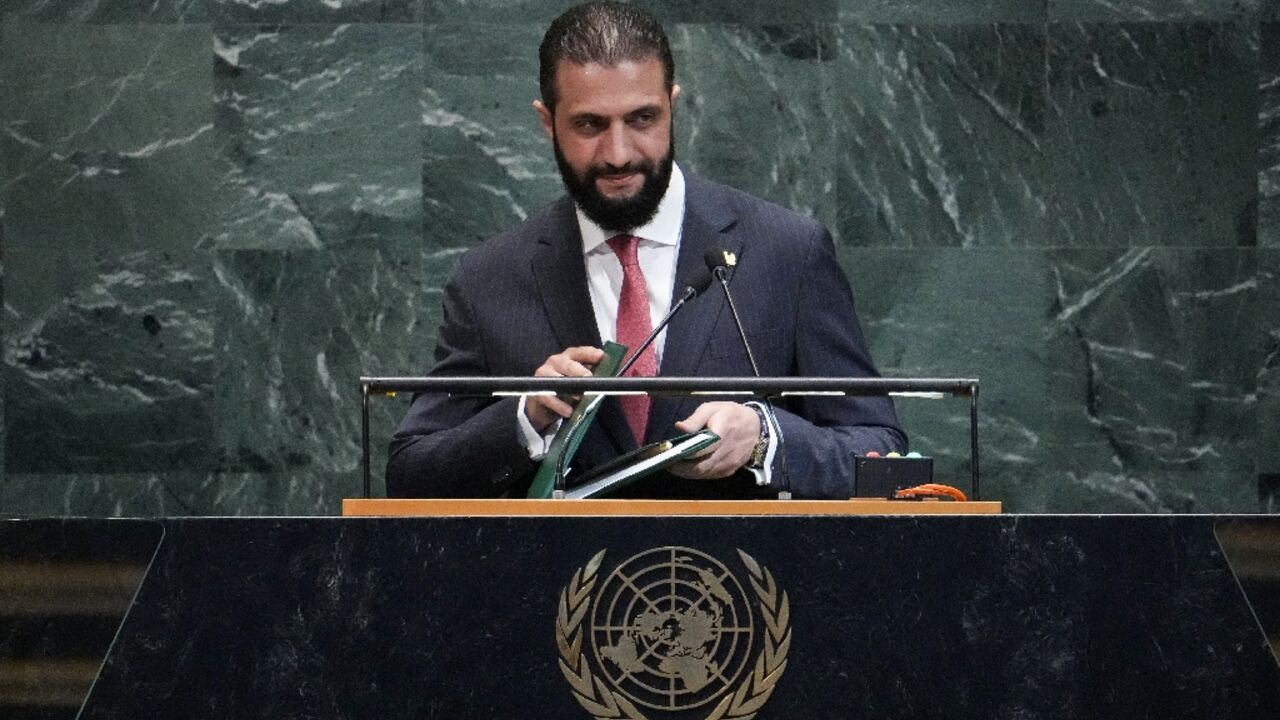 Syrian President Ahmed al-Sharaa concludes his remarks during the General Debate of the United Nations General Assembly 