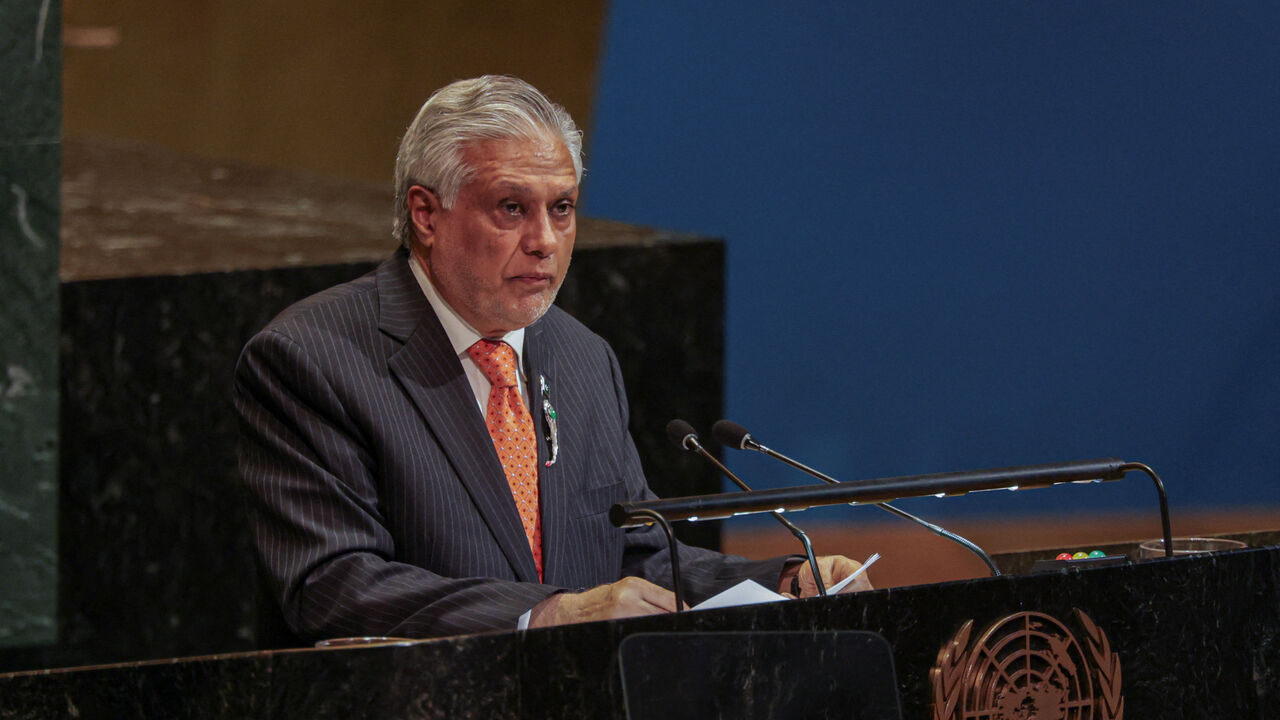 Mohammad Ishaq Dar, Deputy Prime Minister and Minister for Foreign Affairs of Pakistan, speaks during a High-level International Conference for the Peaceful Settlement of the Question of Palestine and the Implementation of the Two-State Solution at U.N. headquarters in New York City, U.S., July 28, 2025. REUTERS/Jeenah Moon