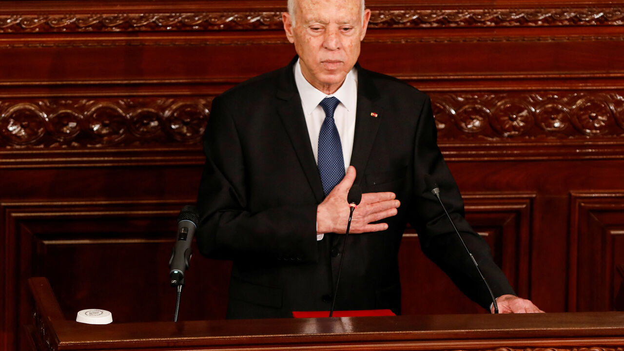 Tunisia's President Kais Saied gestures during his swearing-in ceremony for his second term at the parliament in Tunis, Tunisia October 21, 2024. REUTERS/Zoubeir Souissi