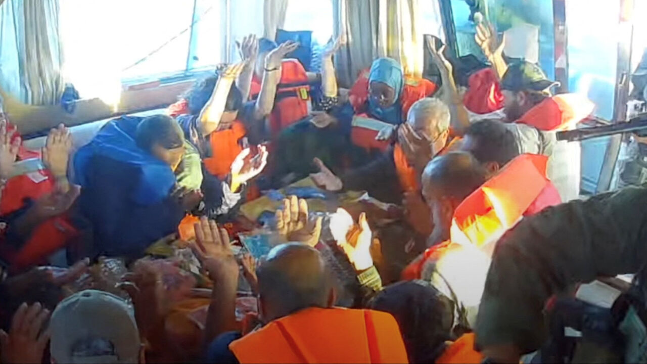 A screengrab from a live stream video shows crew raise their hands after Israeli navy forces boarded the Gaza-bound vessel Florida, part of the Global Sumud Flotilla, which flotilla organisers report has been intercepted, October 2, 2025. Global Sumud Flotilla/Handout via REUTERS