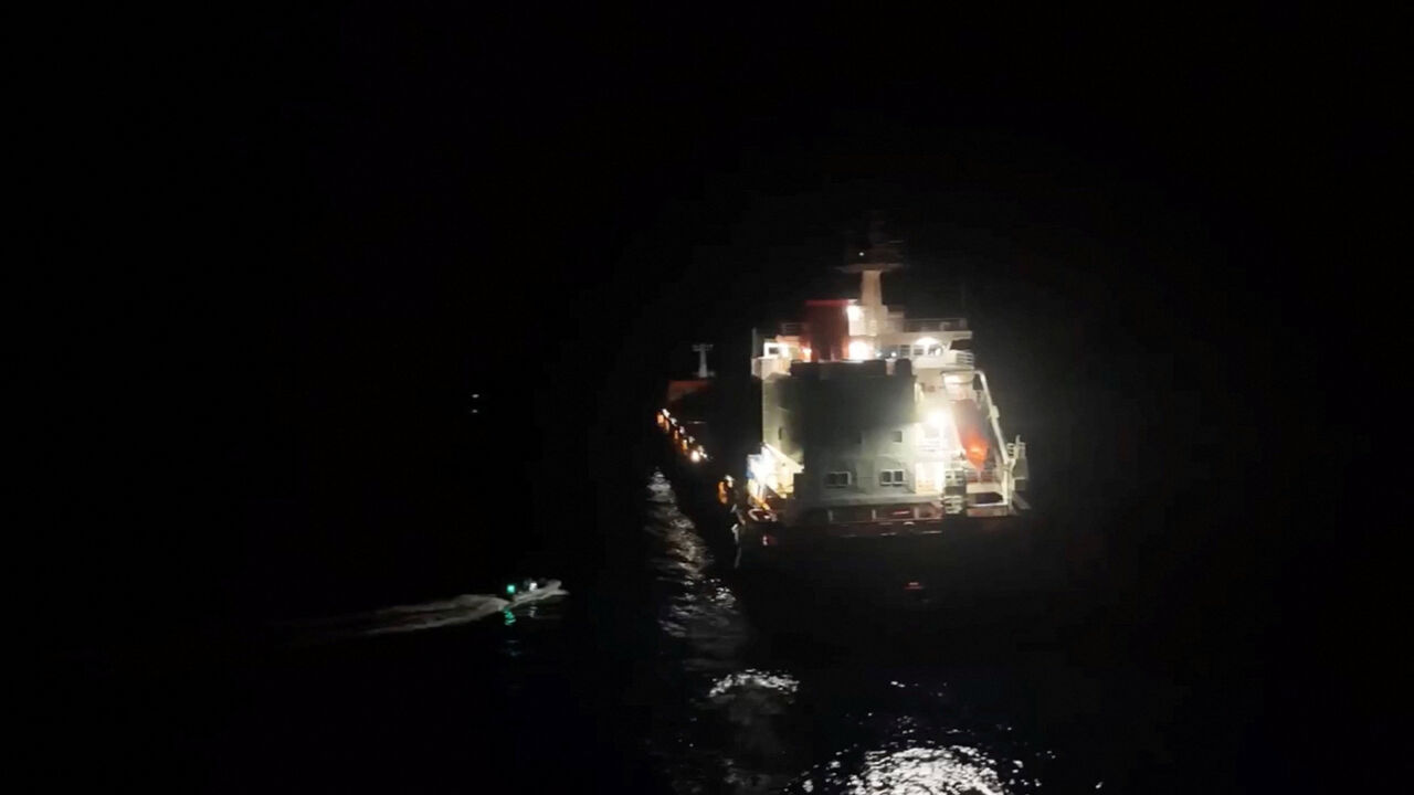 Personnel from EU maritime mission Eunavfor Aspides' carry out rescue operation following an attack by Yemen's Houthi on the Dutch-flagged general cargo ship Minervagracht, which caught fire in the Gulf of Aden on Monday, in this screengrab taken from handout video released on September 30, 2025. Eunavfor Aspides via X/Handout via REUTERS