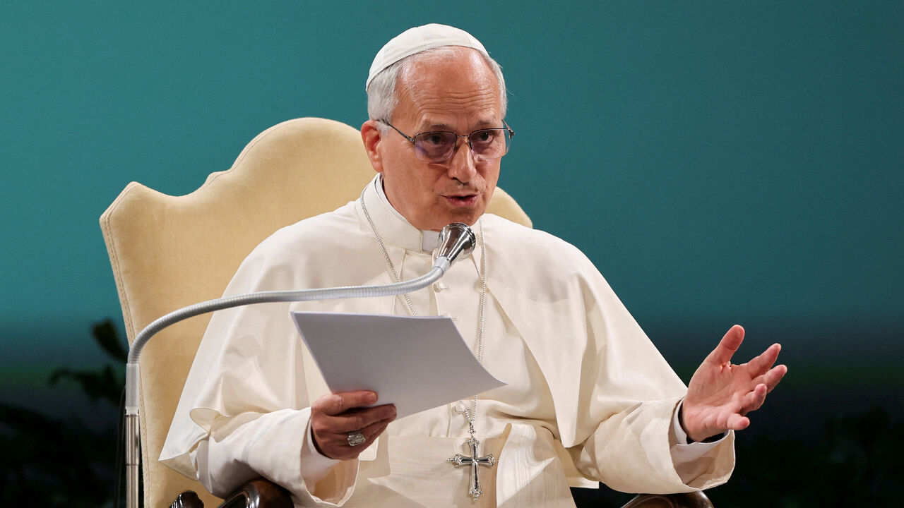 FILE PHOTO: Pope Leo speaks during a three-day international conference "Raising Hope for Climate Justice" in Castel Gandolfo, near Rome, Italy, October 1, 2025. REUTERS/Yara Nardi/File Photo