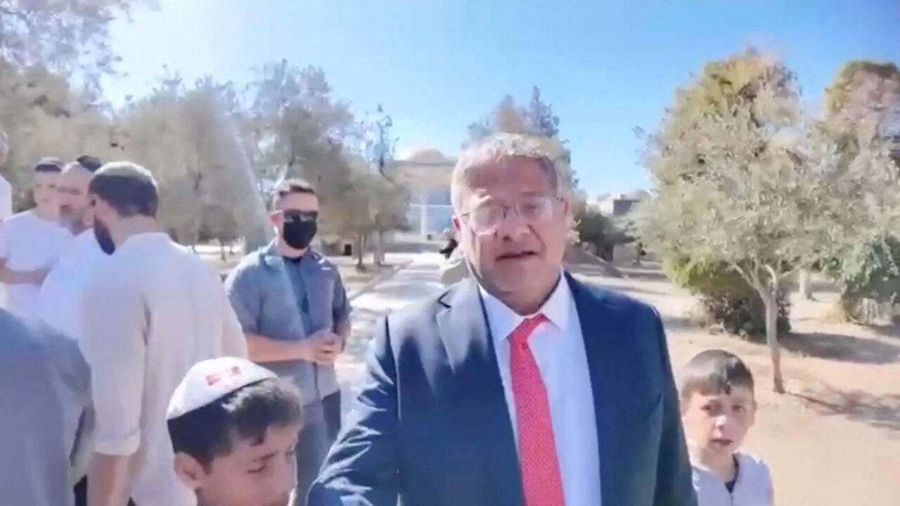 Israeli National Security Minister Itamar Ben-Gvir visits the Al-Aqsa Mosque compound during the Jewish holiday of Sukkot, in the Old City of Jerusalem, in this screengrab from a video obtained by Reuters on October 8, 2025. Jewish Power/Handout via REUTERS