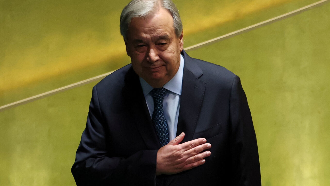 United Nations Secretary-General Antonio Guterres gestures next to the podium during the 80th United Nations General Assembly at U.N. headquarters in New York City, U.S., September 23, 2025.  REUTERS/Mike Segar