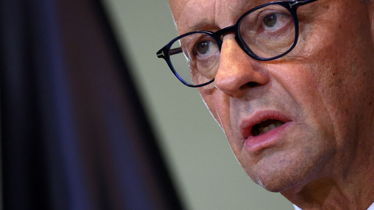 German Chancellor Friedrich Merz gives a statement following a meeting of top carmakers at the Chancellery in Berlin, Germany, October 9, 2025. REUTERS/Lisi Niesner