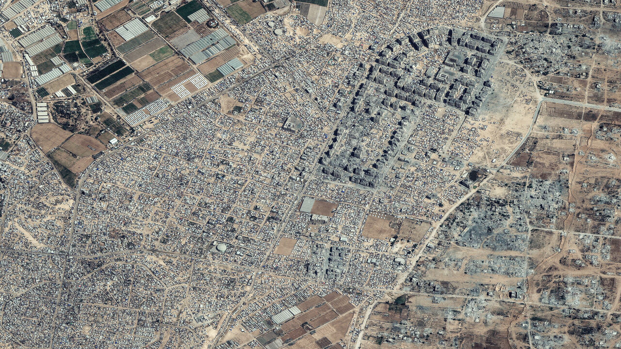 A satellite image shows an overview of refugee tents in Khan Younis, October 10, 2025. Satellite image ©2025 Vantor/Handout via REUTERS