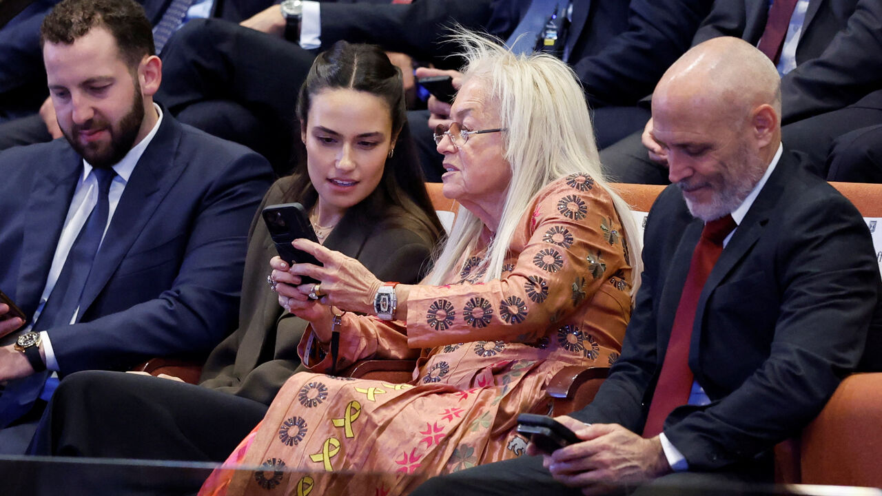 JERUSALEM - OCTOBER 13:  Miriam Adelson attends as U.S. President Donald Trump is due to address the Knesset, on October 13, 2025 in Jerusalem.   Chip Somodevilla/Pool via REUTERS