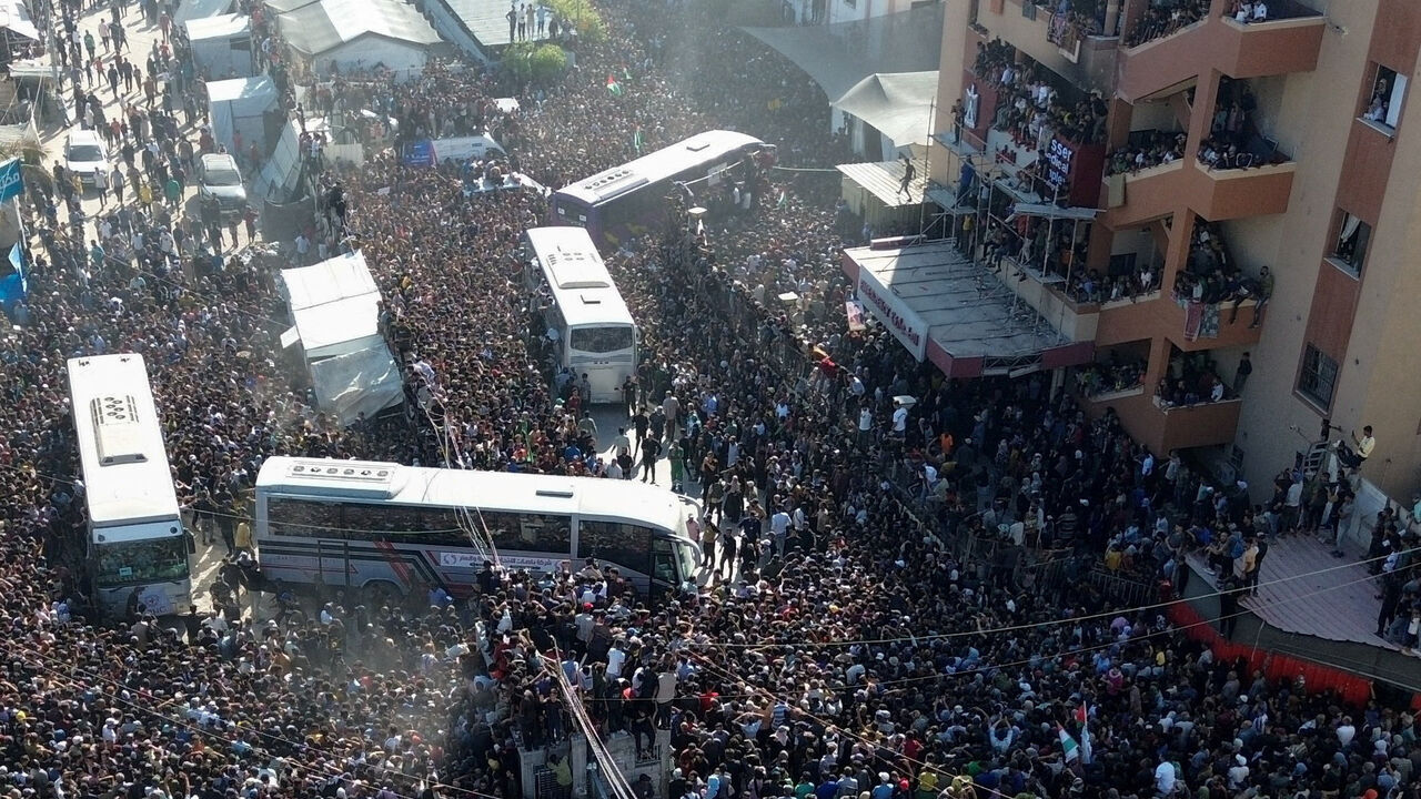 A drone view shows people gathering at Nasser hospital as they welcome freed Palestinian prisoners released by Israel as part of a hostages-prisoners swap and a ceasefire deal between Hamas and Israel, in Khan Younis in the southern Gaza Strip, October 13, 2025. REUTERS/Stringer     TPX IMAGES OF THE DAY