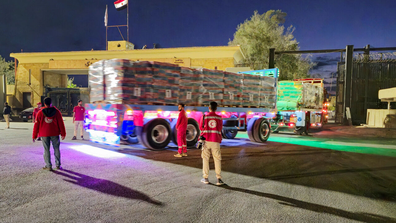 Trucks carrying aid bound for Gaza cross the border crossing between Egypt and the Gaza Strip, after a ceasefire between Israel and Hamas in Gaza went into effect, in Rafah, Egypt, October 12, 2025. REUTERS/Stringer