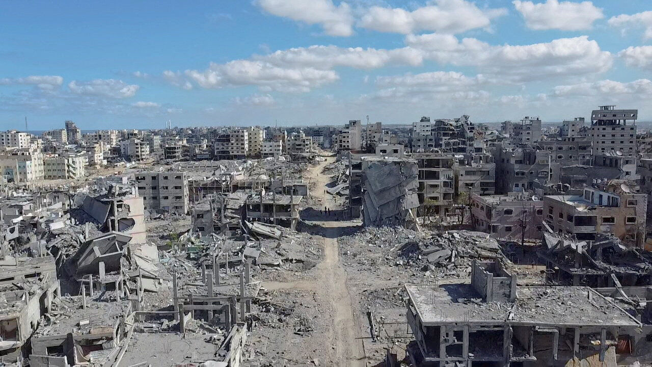 A drone view shows the destruction in a residential neighbourhood, following the withdrawal of the Israeli forces from the area, amid a ceasefire between Israel and Hamas in Gaza, in Gaza City, October 18, 2025. REUTERS/Dawoud Abu Alkas