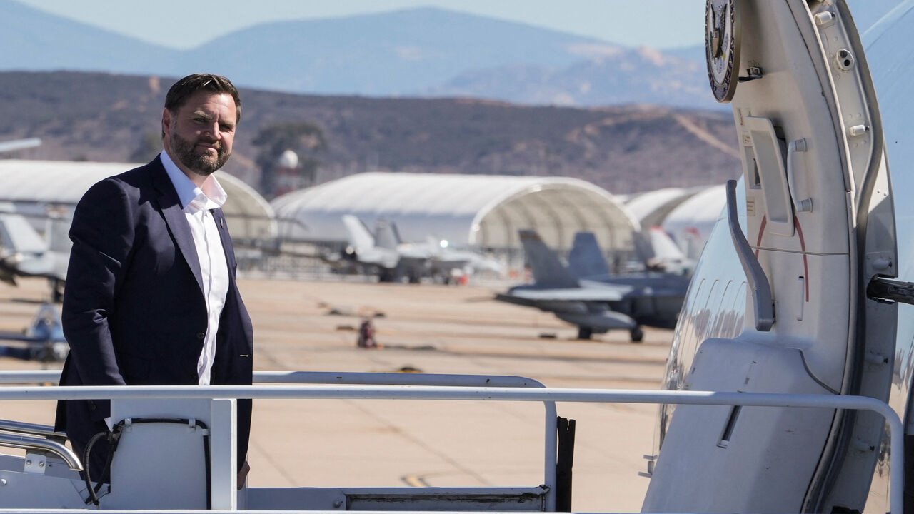 U.S. Vice President JD Vance boards Air Force Two at Marine Corps Air Station Miramar in San Diego, California, U.S., October 19, 2025. Vice President Vance and his family were in Southern California to attend the 250th anniversary celebration of the Marine Corps at Camp Pendleton, near San Diego.     Oliver Contreras/Pool via REUTERS