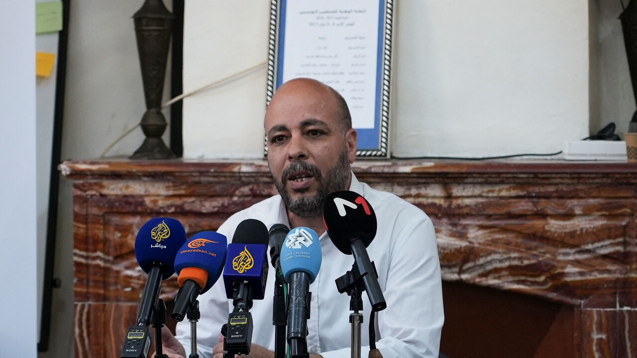 Romdhane Ben Amor of the Tunisian Forum for Economic and Social Rights, an independent advocacy group attends a press conference in Tunis, Tunisia May 9, 2025. REUTERS/Stringer