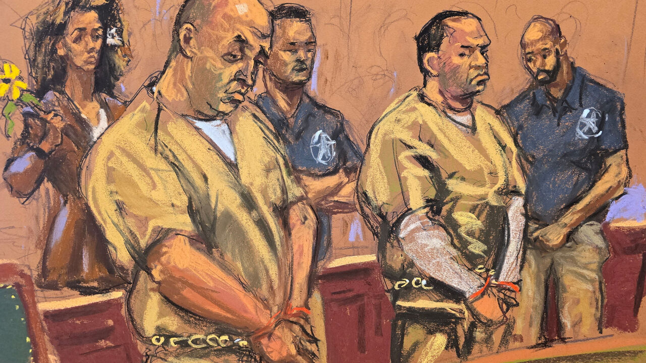Prominent New York-based dissident and journalist Masih Alinejad holds a sunflower behind Polad Omarov and Radar Amirov, who were convicted of involvement in an unsuccessful Iran-backed plot to kill her, as they attend their sentencing at federal court in New York, U.S., October 29, 2025 in this courtroom sketch. REUTERS/Jane Rosenberg