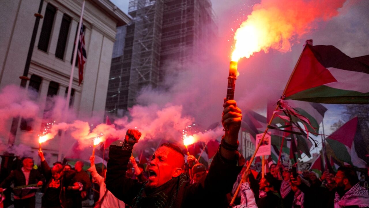 Pro-Palestinian demonstrators marched to the stadium in Oslo before Israel faced Norway in a World Cup qualifier