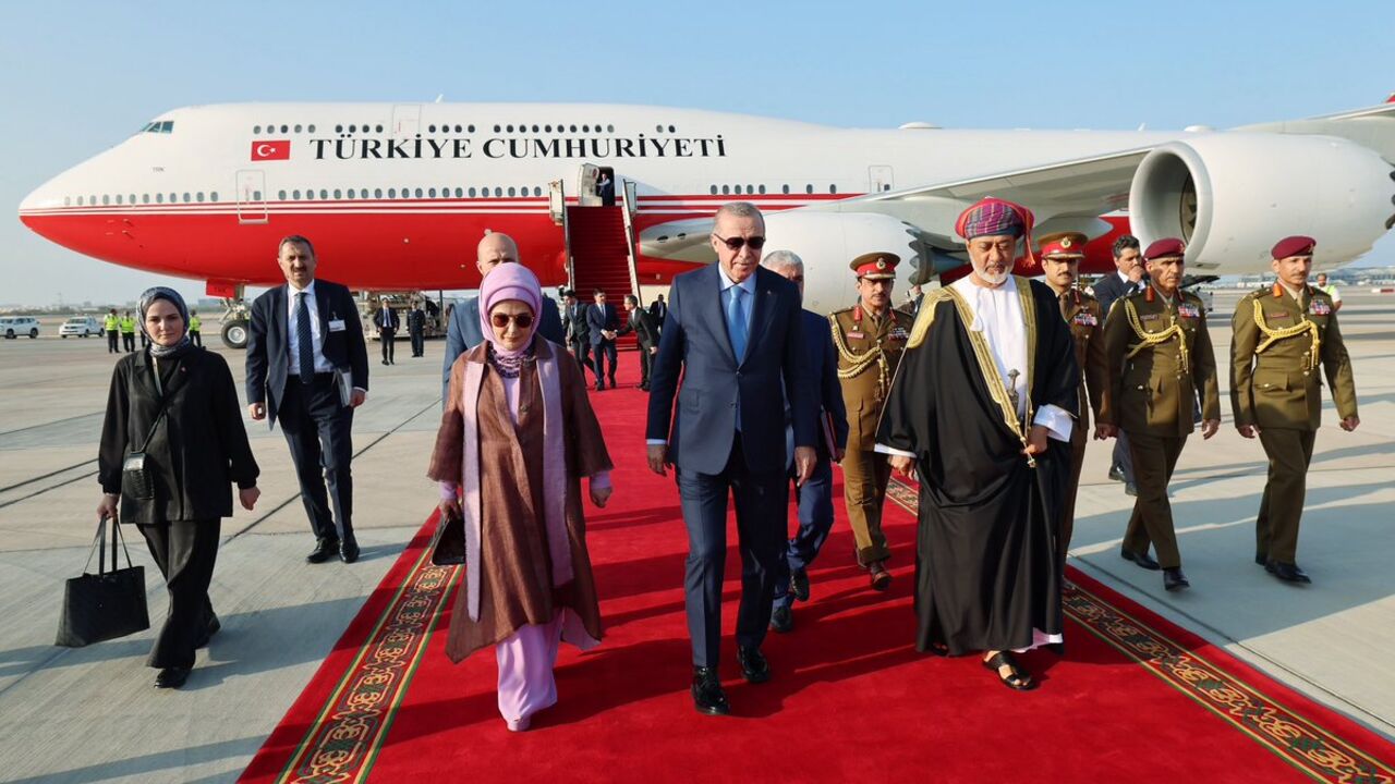 President Recep Tayyip Erdogan arrives in Oman’s capital, Muscat, to pay an official visit at the invitation of Sultan Haitham bin Tariq Al Said of Oman on Oct. 22, 2025.