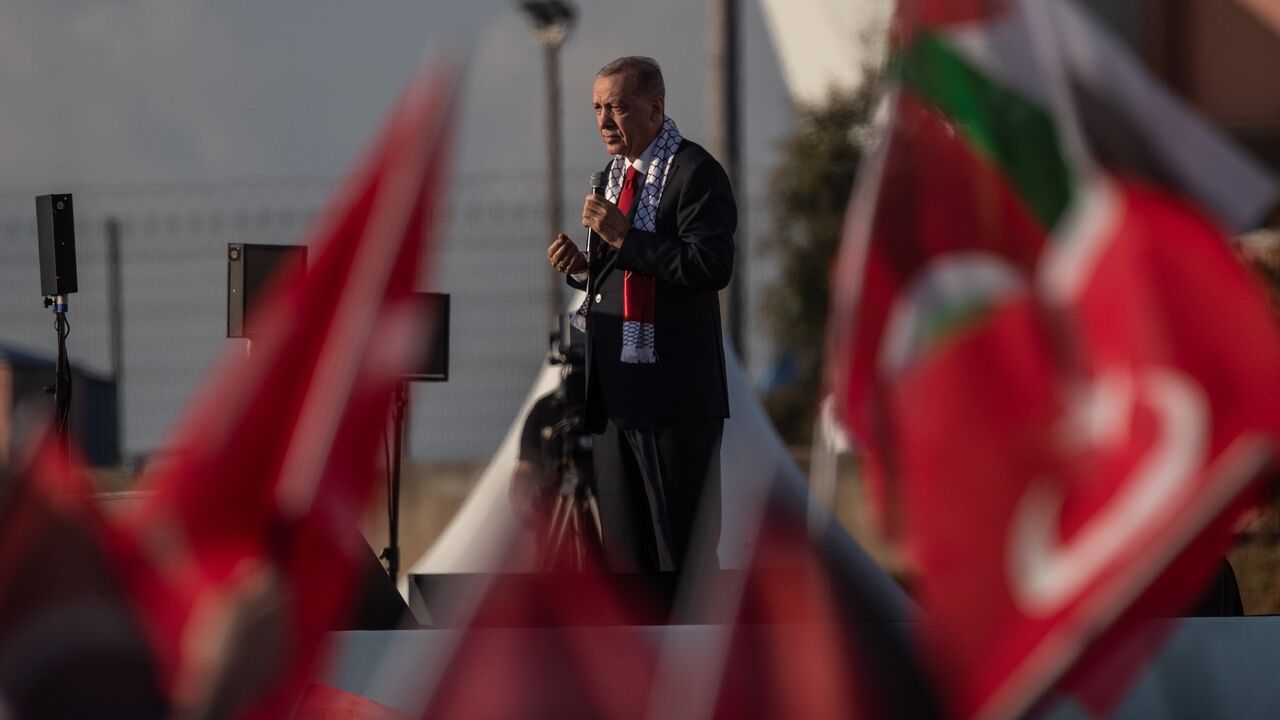 Turkey's president, Recep Tayyip Erdogan, speaks during a rally in solidarity with Palestinians in Gaza on Oct. 28, 2023, at Ataturk Airport in Istanbul, Turkey. 