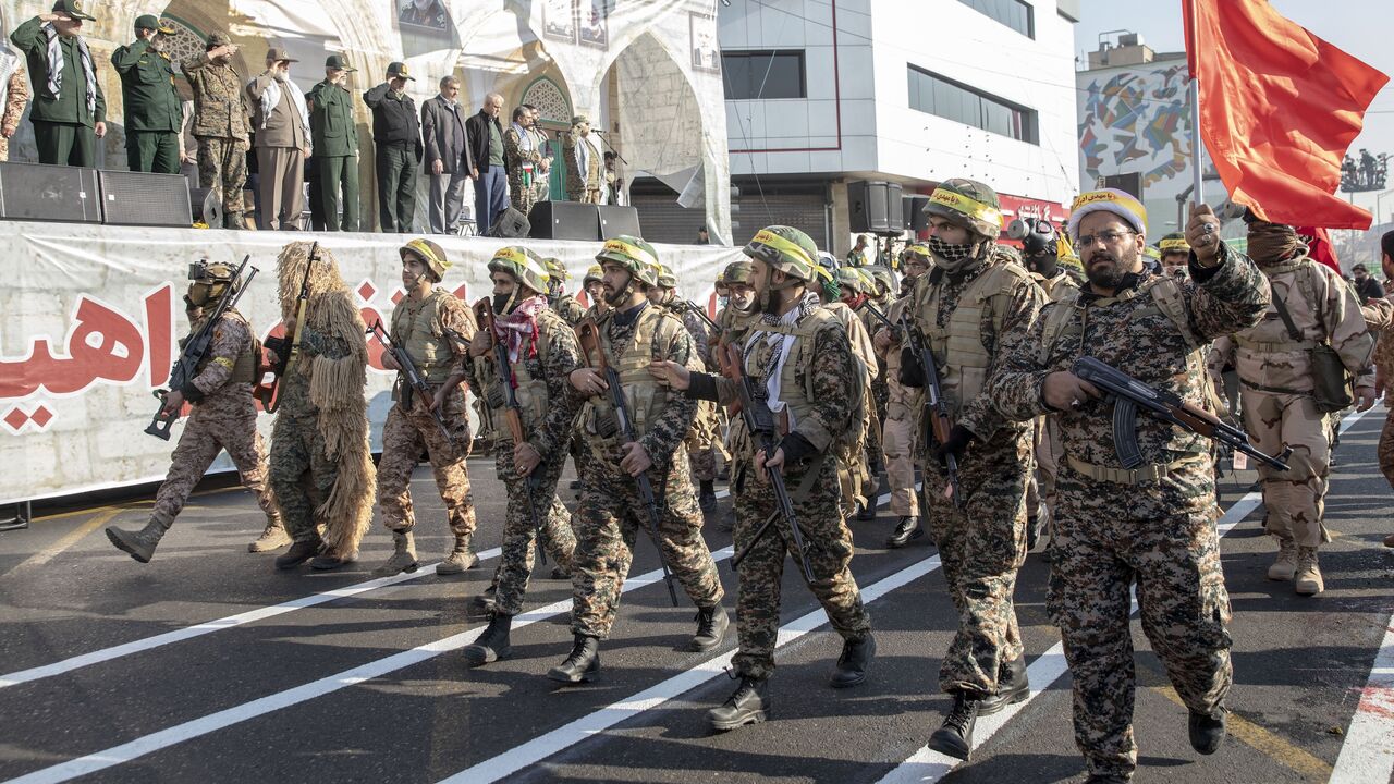 Members of the Iranian Basij paramilitary force march during the force parade on Jan. 10, 2025, in Tehran, Iran. 