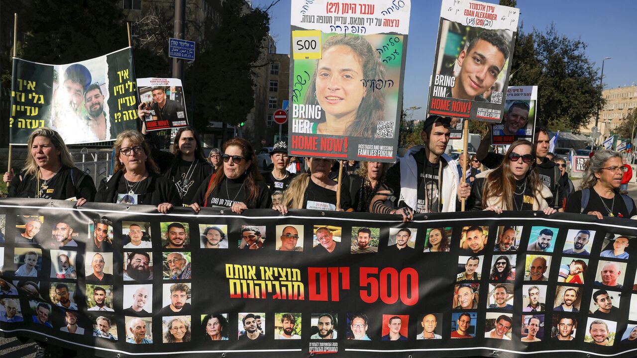 Demonstrators march toward the Israeli parliament (Knesset) headquarters in protest of Israeli hostages held captive in the Gaza Strip since Hamas' Oct. 7, 2023 attack.