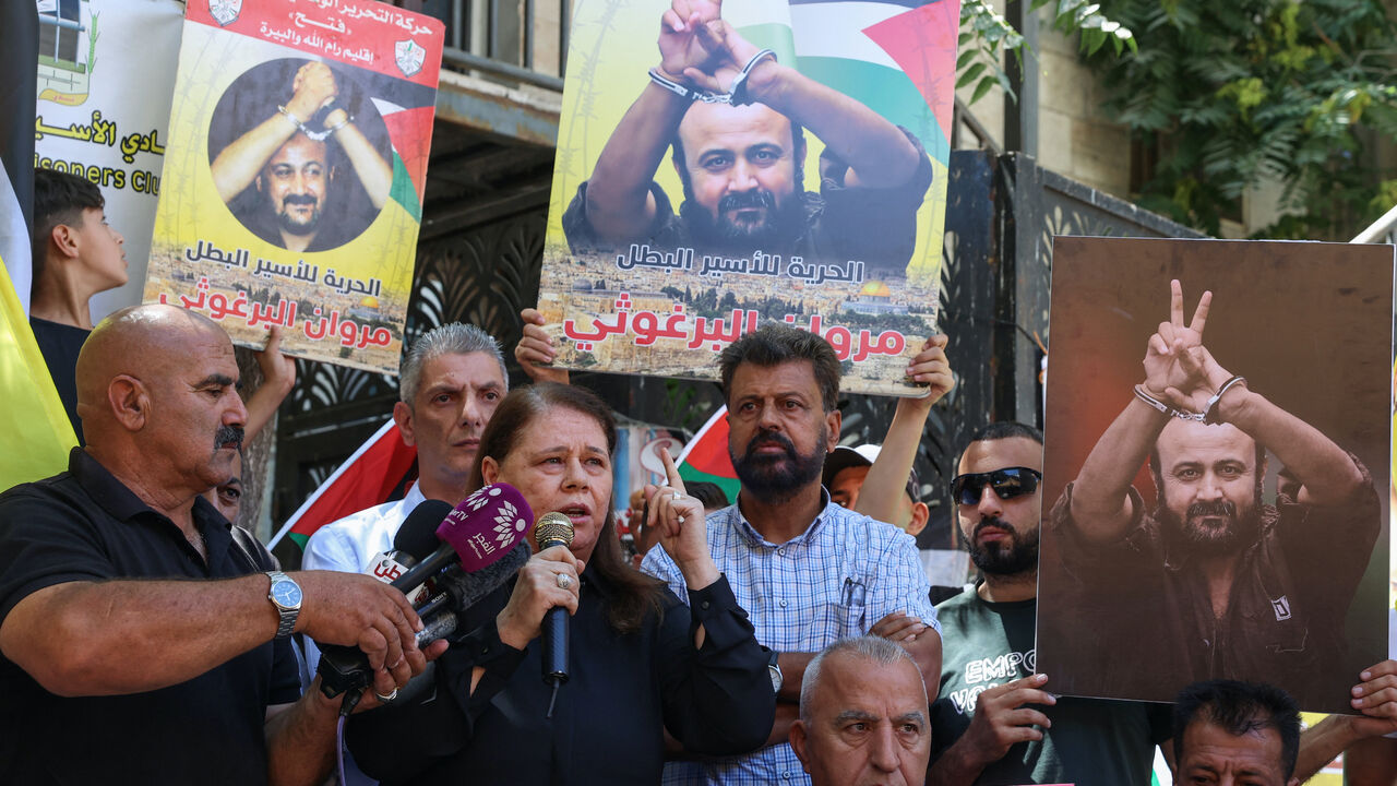 Fadwa, wife of leading member of the Palestinian Fatah party Marwan Barghouti, the most high-profile Palestinian detainee in Israeli custody, addresses a rally to support him in Ramallah city in the occupied West Bank on Aug. 19, 2025. 
