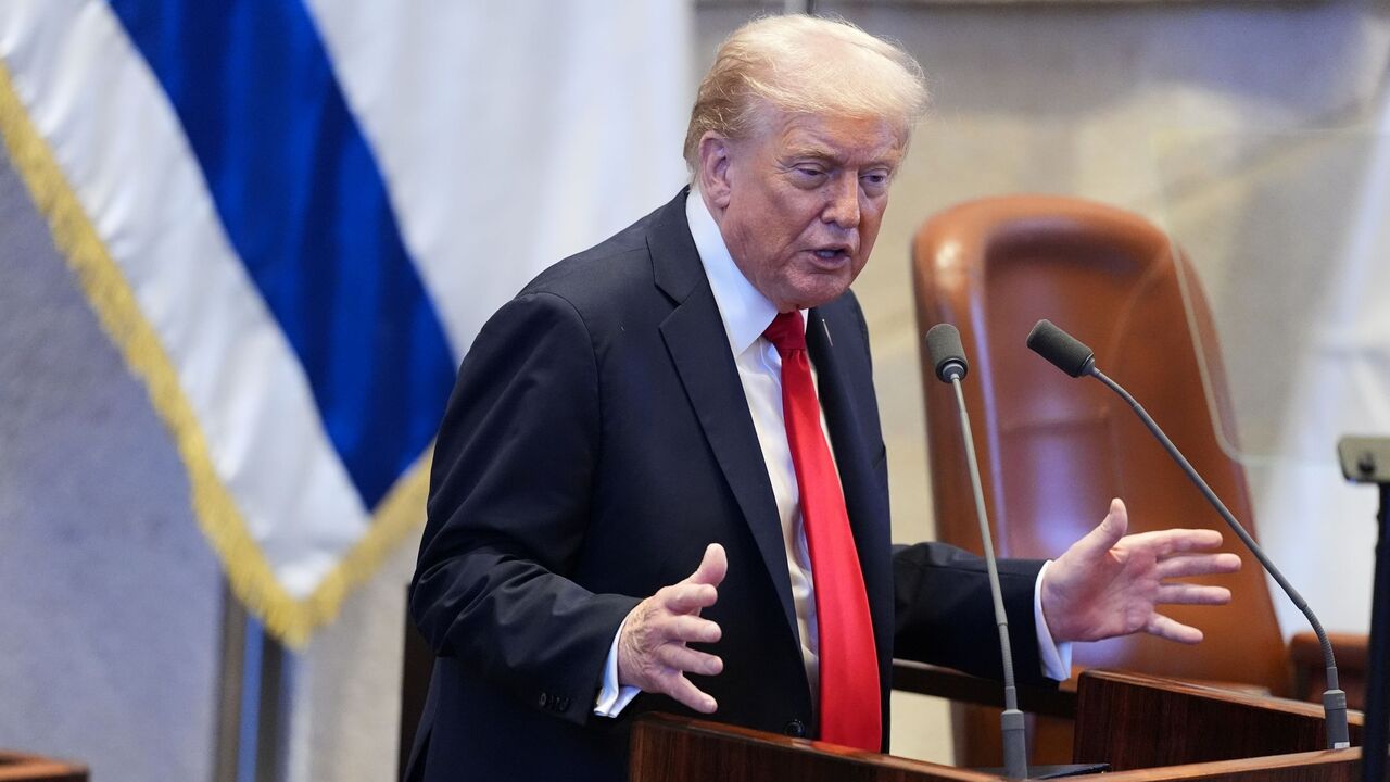US President Donald Trump speaks to the Knesset, Israel's parliament, on Oct. 13, 2025, in Jerusalem.