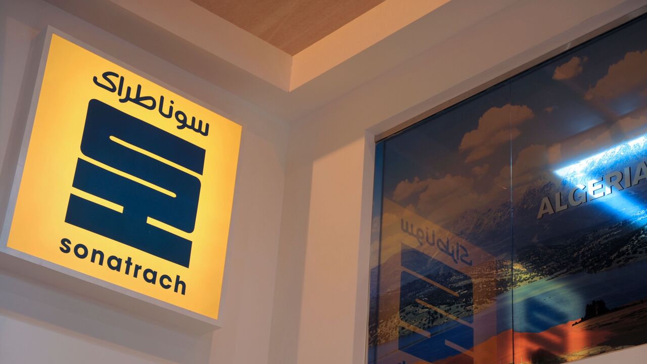 The logo of Algerian state energy giant Sonatrach at the World Gas Conference exhibition, Paris, June 2, 2015.