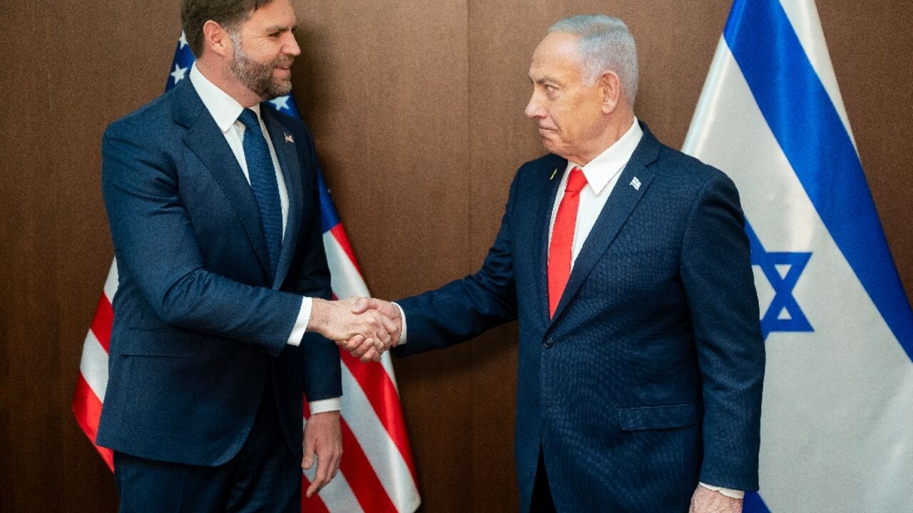 US Vice President JD Vance (L) met Israeli Prime Minister Benjamin Netanyahu in Jerusalem on the seond day of a three day trip to promote the Gaza peace plan