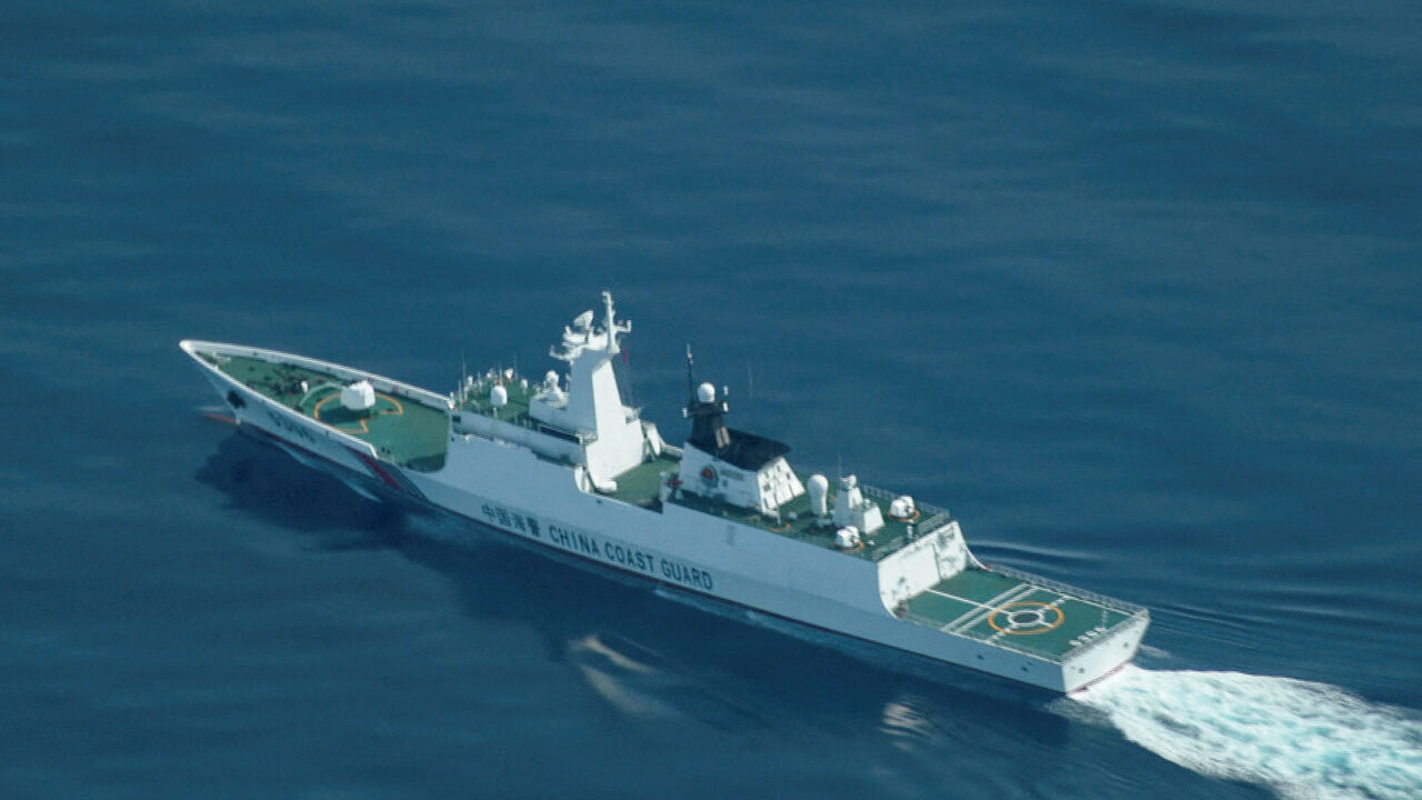 FILE PHOTO: An aerial view of a China Coast Guard ship navigating near the disputed Scarborough Shoal in the South China Sea, August 13, 2025. REUTERS/Adrian Portugal/File Photo