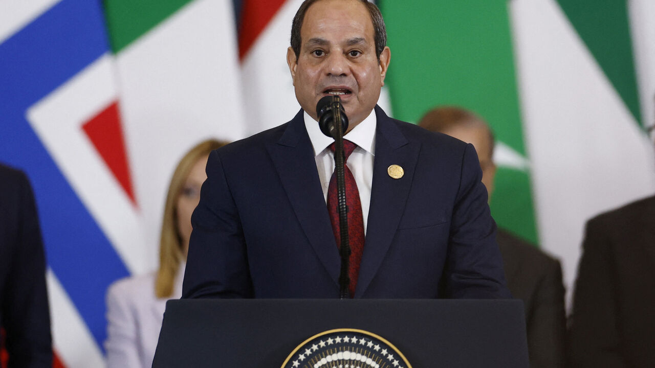 Egypt's President Abdel Fattah al-Sisi speaks during a world leaders' summit on ending the Gaza war, in Sharm el-Sheikh, Egypt, October 13, 2025. Yoan Valat/Pool via REUTERS