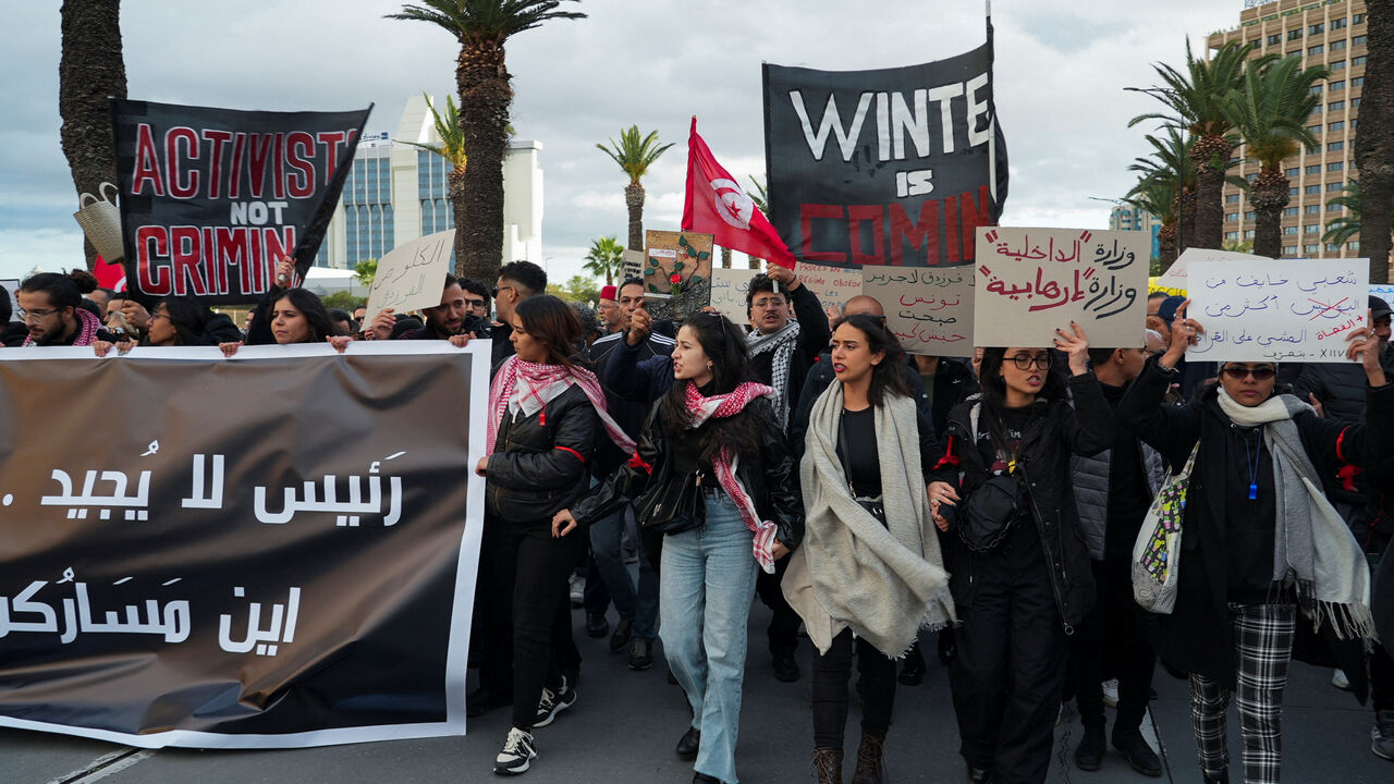 Tunisians march in the capital to protest against Tunisia's President Kais Saied accusing him of entrenching one-man rule through the use of the judiciary and police, in Tunis, Tunisia November 22, 2025. REUTERS/Jihed Abidellaou