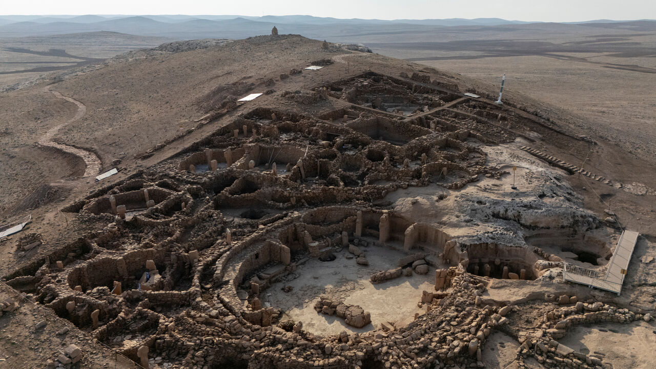 A drone view of a Karahantepe excavation site, widely regarded with Gobeklitepe as keys to understanding the birth of symbolic thought, social complexity and monumental architecture thousands of years before cities or states existed, near the southeastern city of Sanliurfa, Turkey, November 25, 2025. REUTERS/Umit Bektas