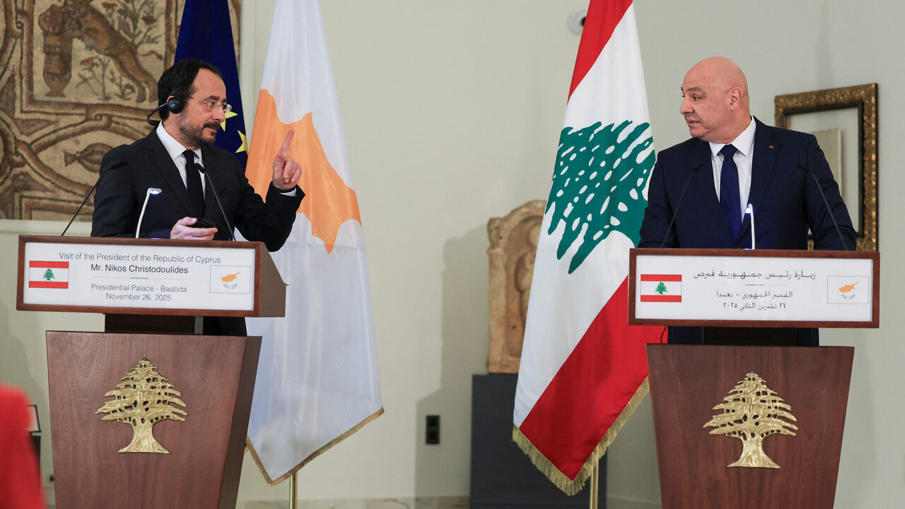 Cyprus' President Nikos Christodoulides and Lebanese President Joseph Aoun attend a press conference after the signing of the maritime demarcation agreement, at the presidential palace in Baabda, Lebanon November 26, 2025. REUTERS/Mohamed Azakir