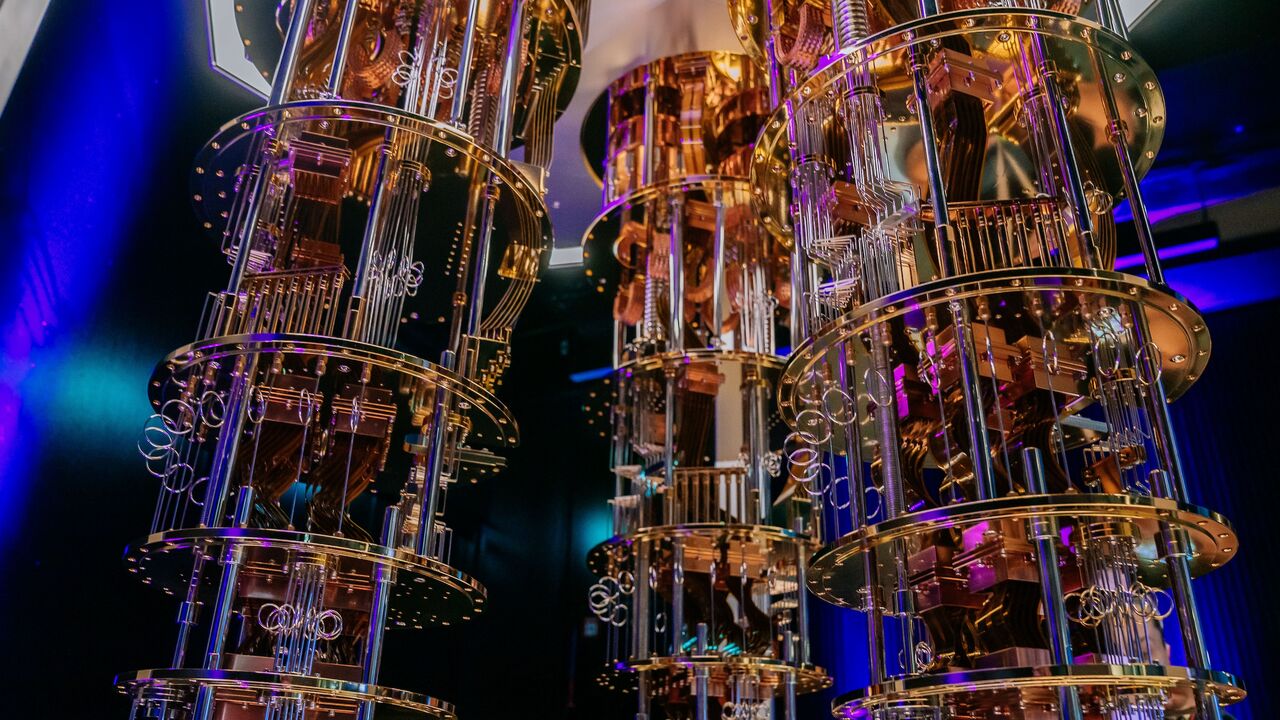 A model of IBM Quantum shows the three chandeliers that would be a part of the System Two installation, the System One comprises of one such chandelier, seen during the inauguration of Europe's first IBM Quantum Data Center, on Oct. 1, 2024, in Ehningen, Germany.