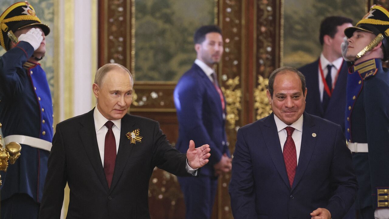 Russian President Vladimir Putin meets with Egyptian President Abdel Fattah El-Sisi at the Kremlin in Moscow, on May 9, 2025. 