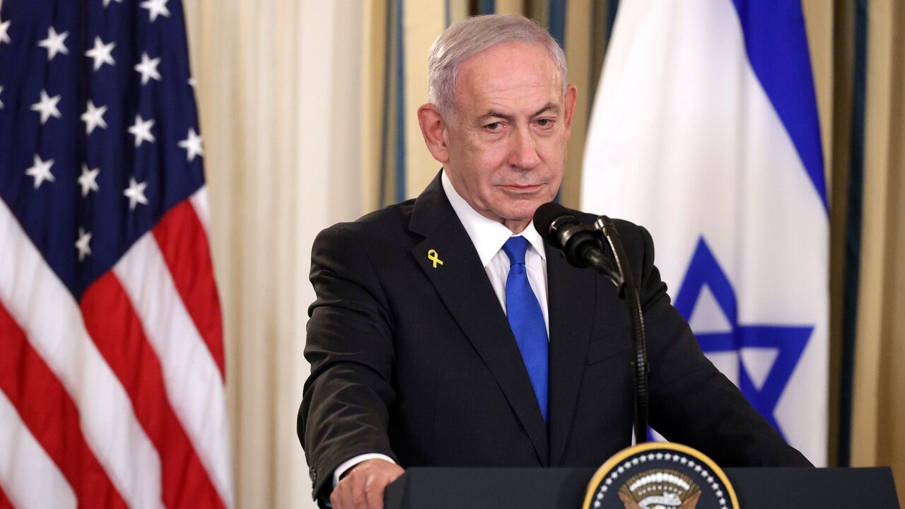 Israeli Prime Minister Benjamin Netanyahu participates in a joint news conference with US President Donald Trump (not pictured) in the State Dining Room at the White House, on Sept. 29, 2025, in Washington.