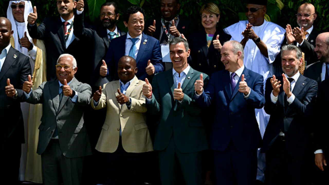  European Council President Antonio Costa, Kenya's Vice President Abraham Kithure Kindiki, Spain's Prime Minister Pedro Sanchez, Ireland's Prime Minister Micheal Martin and the Netherlands' outgoing Prime Minister Dick Schoof pose for the family photo at the Leaders Summit ahead of the COP30 UN climate conference in Belem, Para State, Brazil on November 7, 2025. (PABLO PORCIUNCULA/AFP via Getty Images)