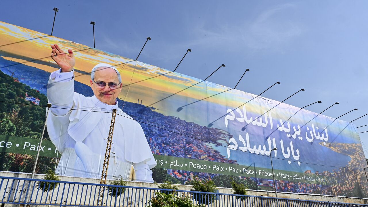  A giant billboard of Pope Leo XIV along the highway leading to Beirut's international airport, Nov. 20, 2025.