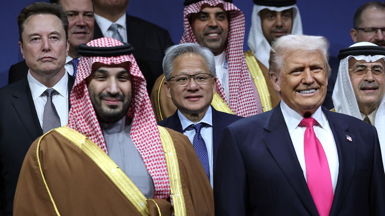 US President Donald Trump and Crown Prince and Prime Minister Mohammed bin Salman of Saudi Arabia stand for a photo.