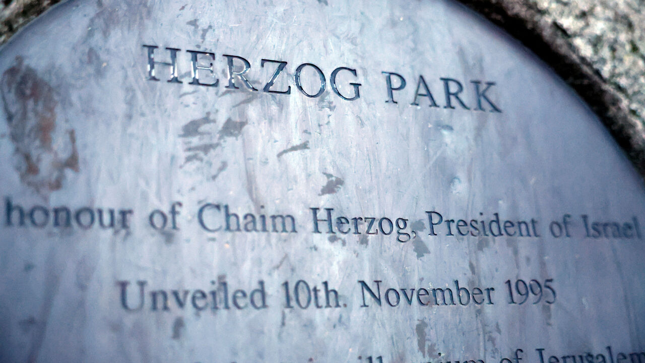 A plaque on a stone reads 'Herzog Park' commemorating Chaim Herzog, Israel's sixth president, who was born in Belfast, as Dublin City Council has prepared a motion to rename 'Herzog Park' to 'Hind Rajab Park' after Hind Rajab from Gaza, in Dublin, Ireland, November 30, 2025. REUTERS/Clodagh Kilcoyne