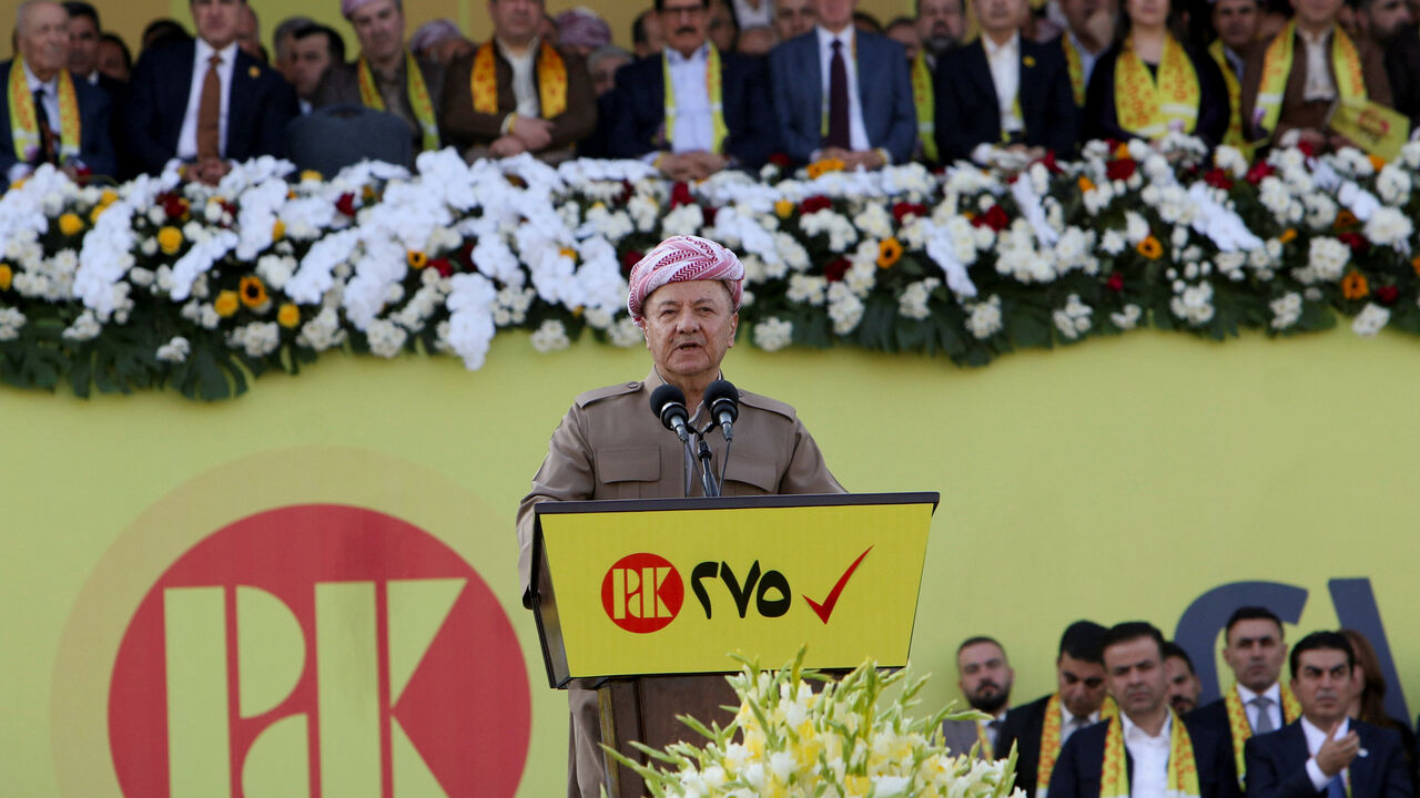 Leader of the Kurdistan Democratic Party (PDK) Masoud Barzani speaks during a rally ahead of the upcoming Iraqi parliamentary elections at Franso Hariri Stadium in Erbil, Iraq, November 7, 2025. REUTERS/Azad Lashkari