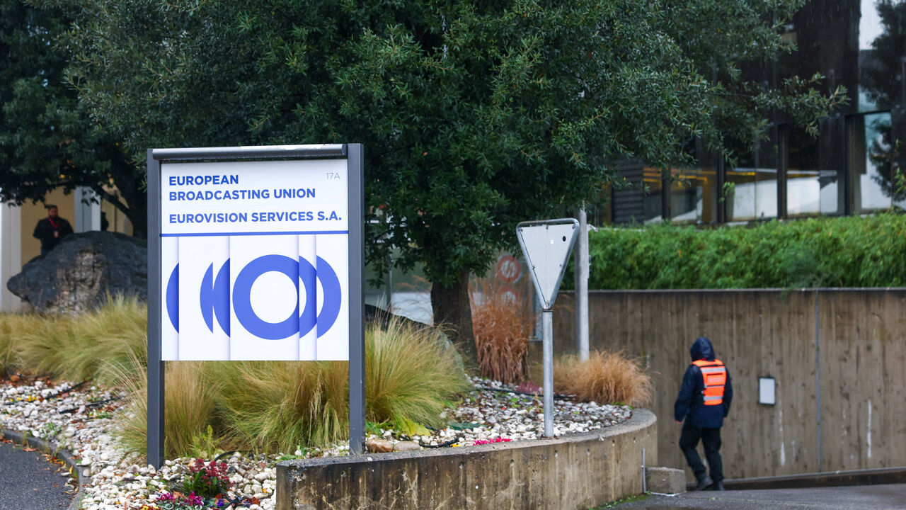 The European Broadcasting Union (EBU) logo stands outside its headquarters ahead of a General Assembly meeting to debate and possibly vote on Israel’s participation in Eurovision 2026, in Geneva, Switzerland, December 3, 2025. REUTERS/Denis Balibouse
