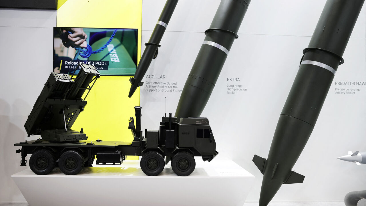 A PULS multiple rocket launcher miniature and artillery rockets by Israeli Elbit Systems is exhibited at the DEFEA Defence Exhibition, in Athens, Greece, May 8, 2025. REUTERS/Louiza Vradi