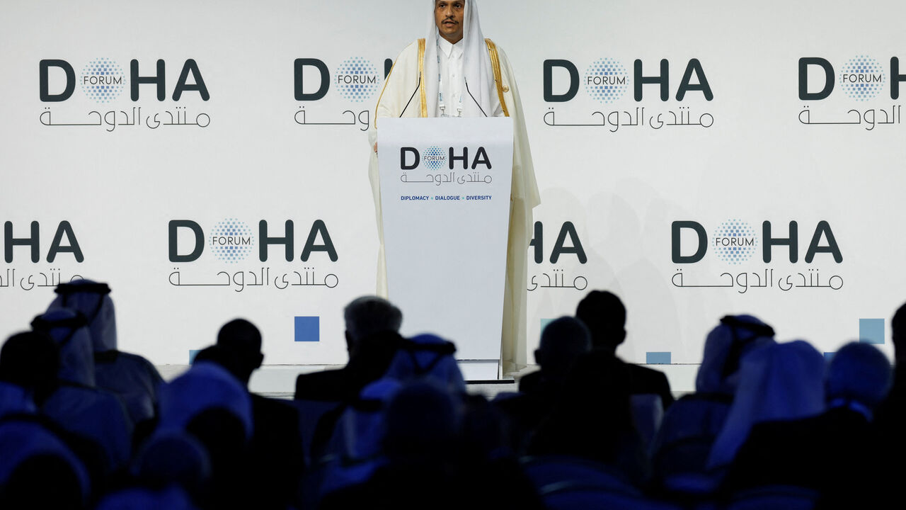 Qatar's Prime Minister and Minister for Foreign Affairs Sheikh Mohammed bin Abdulrahman bin Jassim Al-Thani speaks on the first day of the 23rd edition of the annual Doha Forum, in Doha, Qatar, December 6, 2025. REUTERS/Ibraheem Abu Mustafa