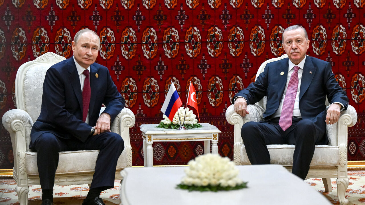 Russian President Vladimir Putin and Turkish President Tayyip Erdogan attend a meeting in Ashgabat, Turkmenistan December 12, 2025. Sputnik/Kristina Kormilitsyna/Pool via REUTERS