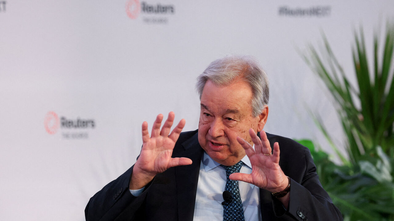 FILE PHOTO: UN Secretary General Antonio Guterres speaks with Reuters Editor-in-Chief Alessandra Galloni (not pictured) during the Reuters NEXT conference, in New York City, New York, U.S., December 3, 2025.  REUTERS/Brendan McDermid/File Photo