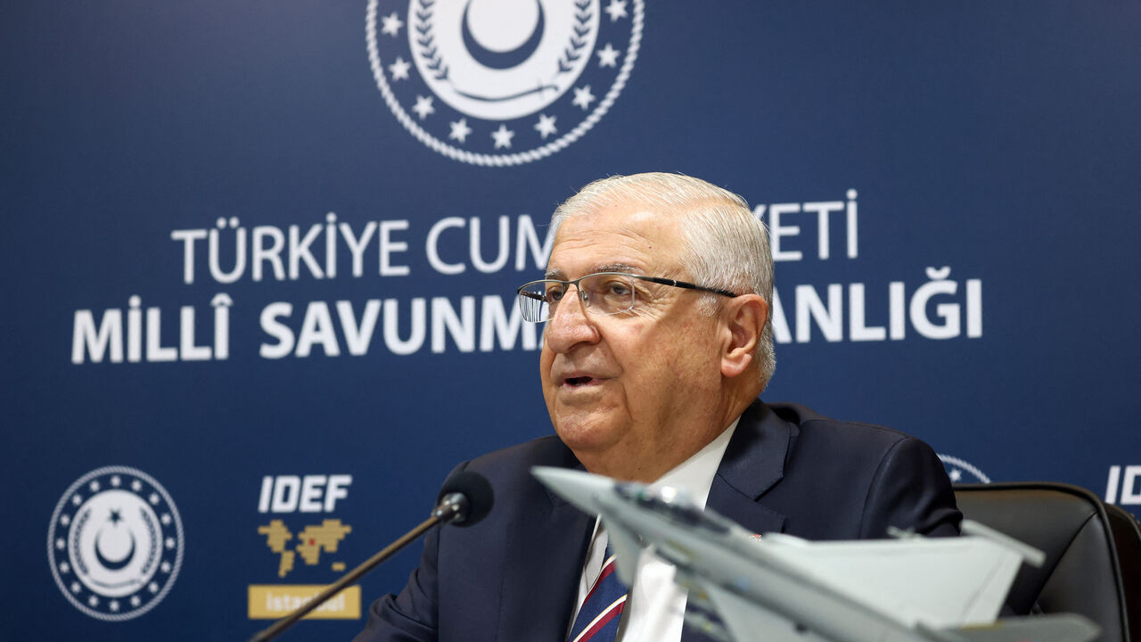Turkish Defence Minister Yasar Guler speaks during a signing ceremony on the sidelines of the International Defence Industry Fair (IDEF) in Istanbul, Turkey, July 23, 2025. REUTERS/Dilara Senkaya