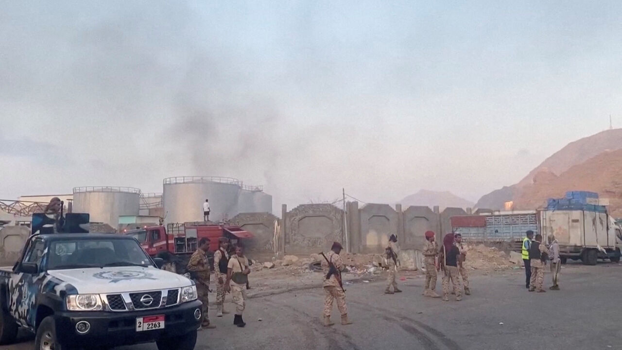 Smoke rises in the aftermath of a Saudi-led coalition airstrike, which targeted what it described as foreign military support to UAE-backed southern separatists, in Yemen's southern port of Mukalla. SABAA TV via REUTERS