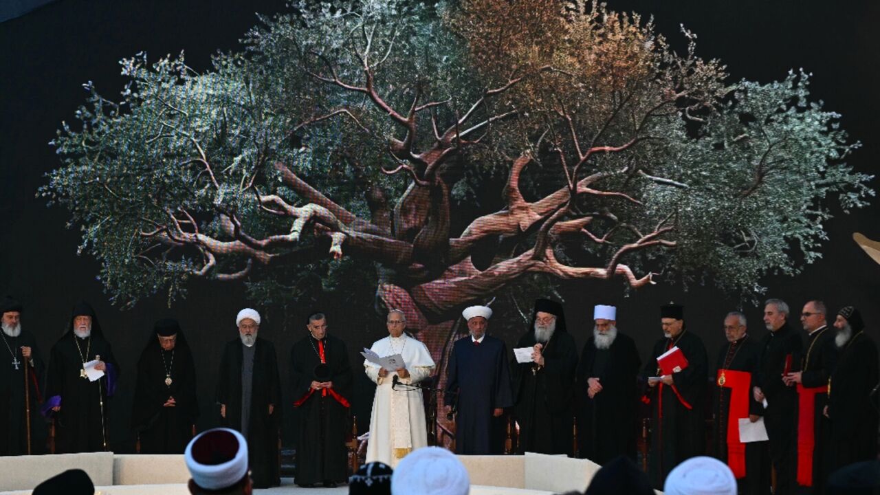 Pope Leo XIV attends a meeting on Martyrs' Square, which served as a demarcation dividing Beirut along sectarian lines during Lebanon's civil war
