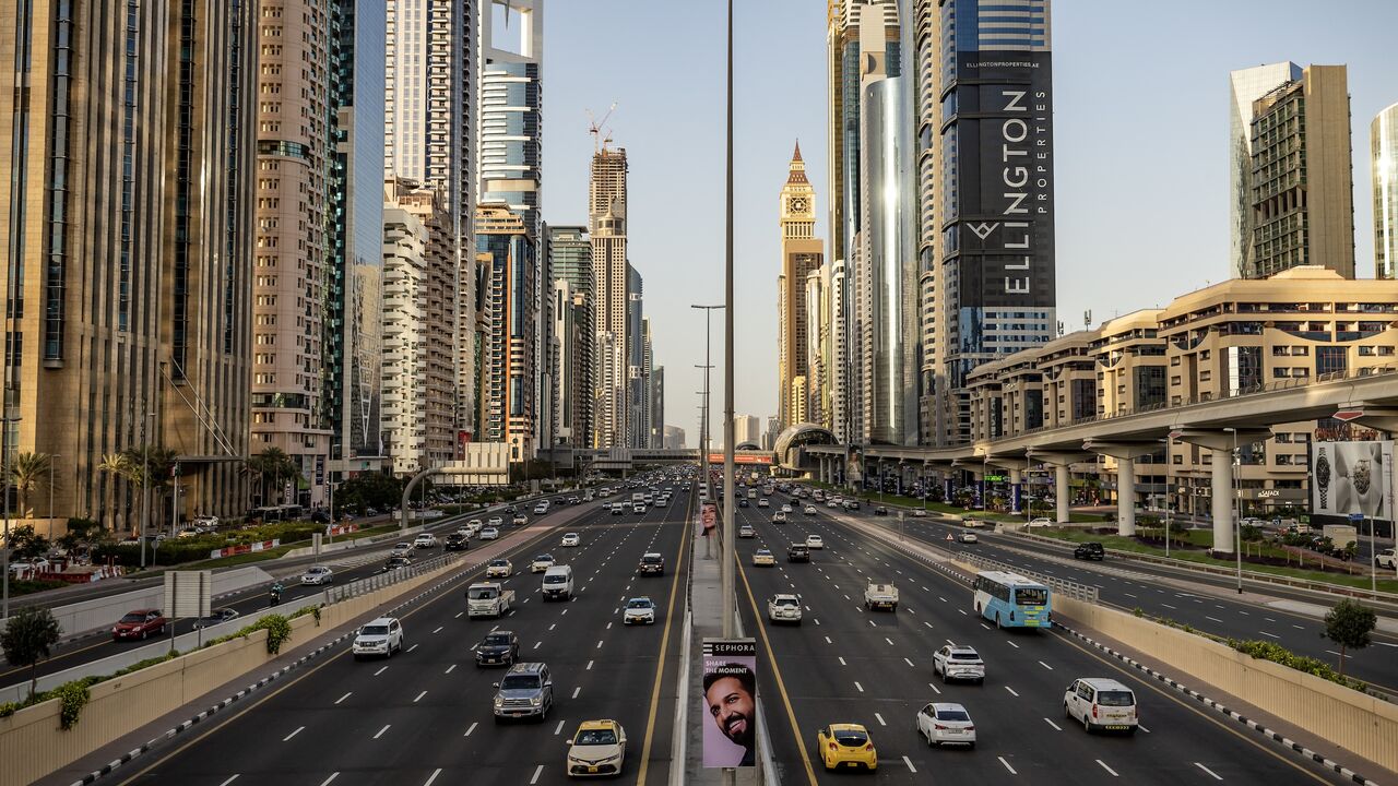 Traffic moves on Sheikh Zayed Road in Dubai on March 24, 2025. 