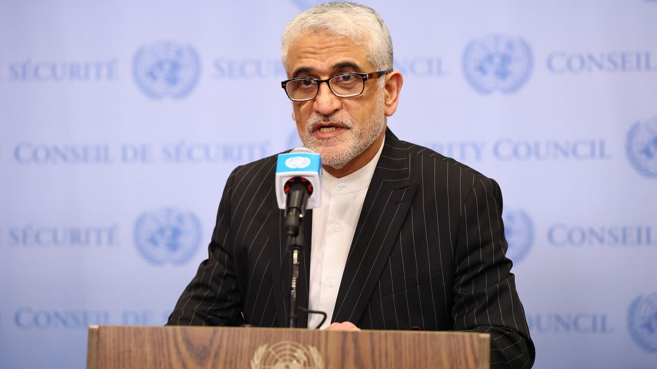 Ambassador Amir Saeid Iravani, permanent representative of Iran to the UN, gives a statement after a UN Security Council meeting on June 13, 2025, in New York City.