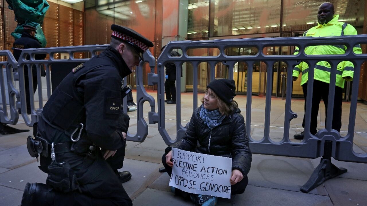 This handout photo from Prisoners for Palestine shows Greta Thunberg at the protest